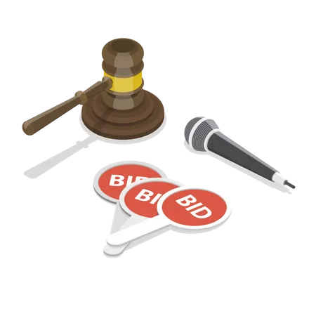 Auction Flat Isometric Vector Concept Hammer Microphone And Bidding Paddles Illustration