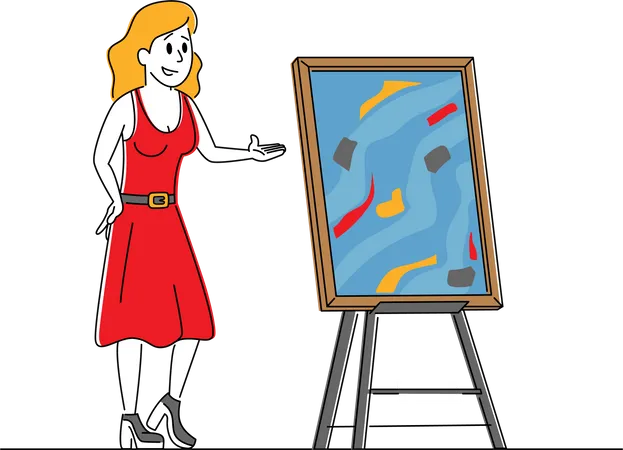 Auctioneer Female Character Offer Masterpiece Picture For Auction Bidding Woman Selling Art For Collectors Process Of Buying And Selling Goods By Offering Them Up For Bid Linear Vector Illustration Illustration
