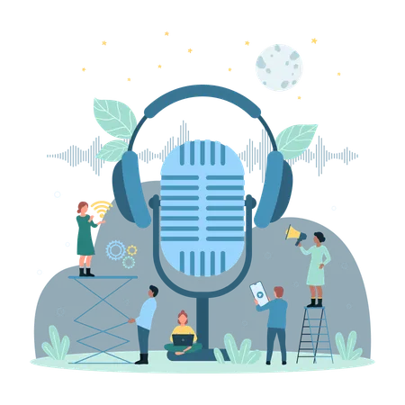 Cartoon Tiny People Record Sound With Big Microphone Listen Voice Messages With Headphones Characters Making Online Broadcast Talk Show With Modern Equipment Audio Podcast Dark Vector Illustration Illustration