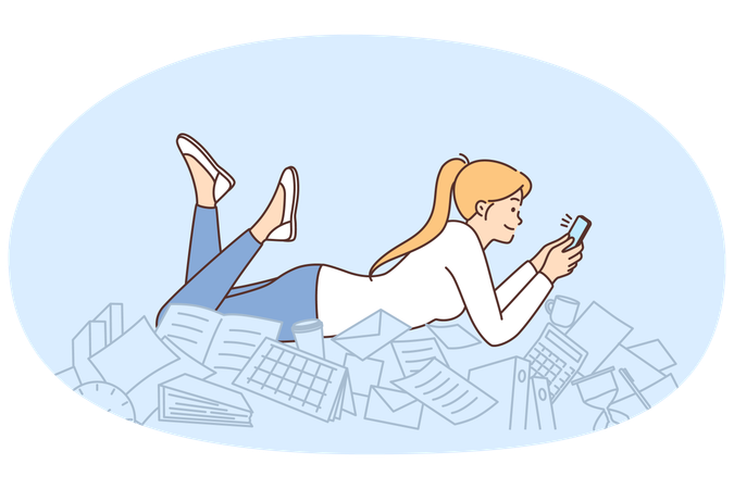 Prokrastination Frau mit Telefon liegt auf Dokumenten und Schreibwaren, ohne auf Chaos zu achten  Illustration