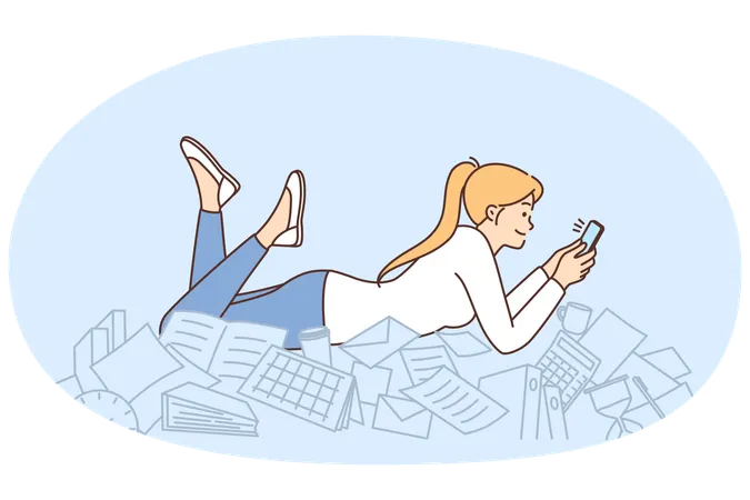 Prokrastination Frau mit Telefon liegt auf Dokumenten und Schreibwaren, ohne auf Chaos zu achten  Illustration
