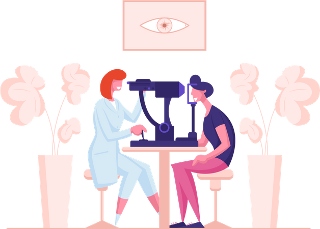 Augenarzt Arzt Test Auge auf spezielles Gerät  Illustration