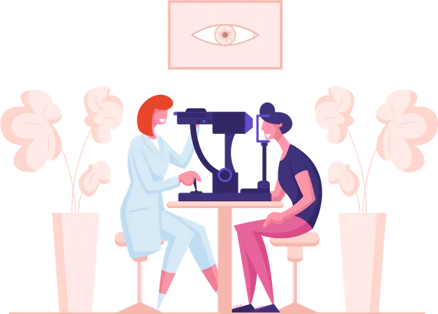 Augenarzt Arzt Test Auge auf spezielles Gerät  Illustration