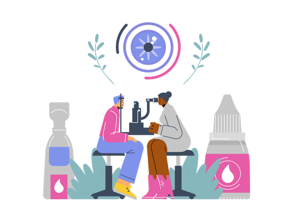 Augenarzt überprüft Sehvermögen des Patienten mit Augenmikroskop-Screening-Gerät  Illustration