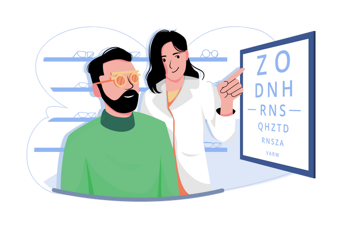Augenärztin überprüft Sehvermögen des Patienten Illustration