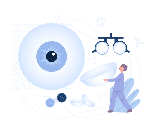Augenheilkunde Konzept Idee Der Augenpflege Und Des Sehvermogens Augenarzt Mit Einer Grossen Kontaktlinse Sehvermogensuntersuchung Und Korrektur Vektorillustration Im Cartoon Stil Illustration