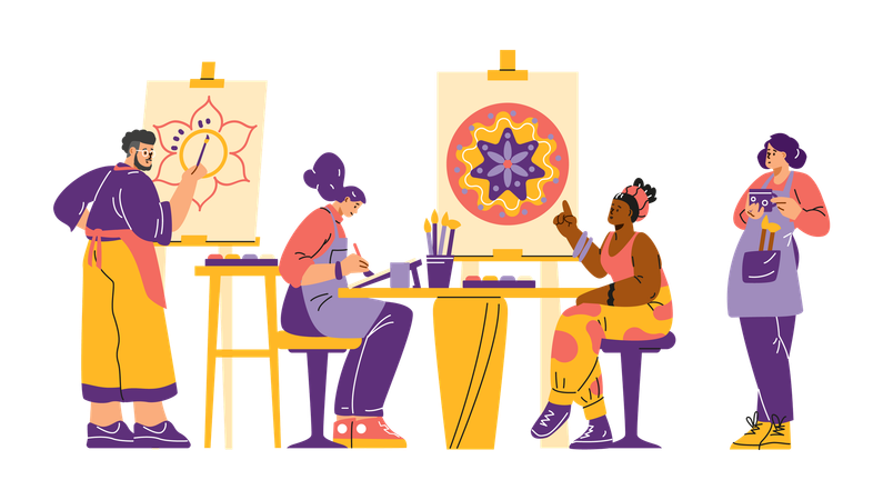 Aula de arte com meninas e um rapaz que desenham uma mandala  Ilustração