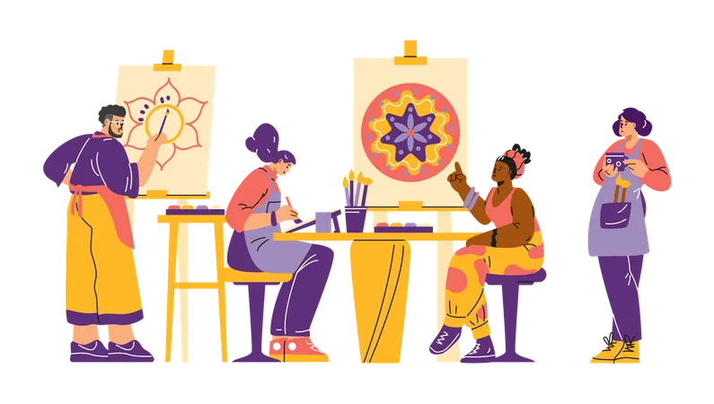 Aula de arte com meninas e um rapaz que desenham uma mandala  Ilustração