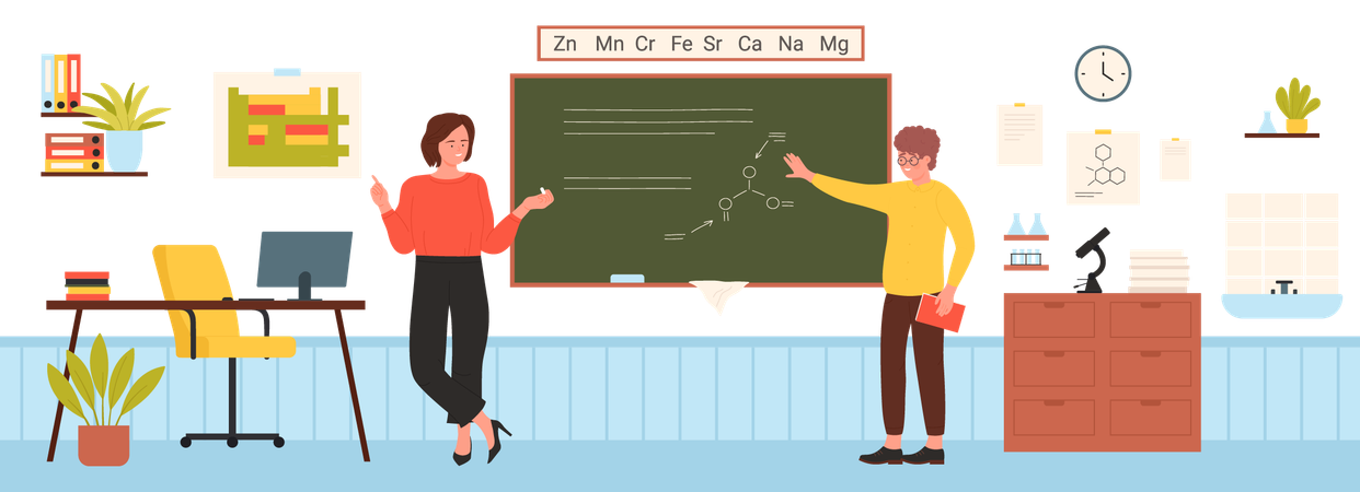 Aula de química com professor e aluno na escola  Ilustração