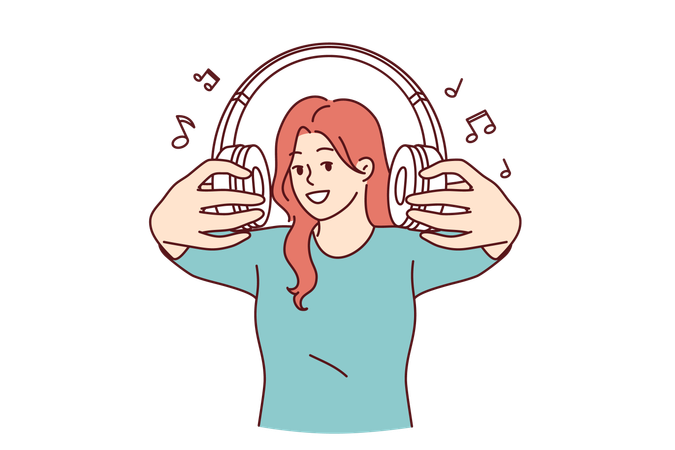 Auriculares inalámbricos en manos de una mujer que te invita a escuchar canciones populares o radio juntos  Ilustración