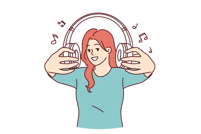 Auriculares inalámbricos en manos de una mujer que te invita a escuchar canciones populares o radio juntos  Ilustración