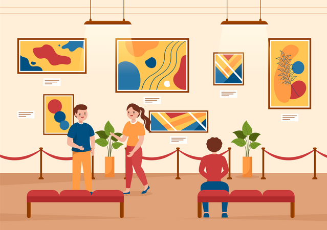 Ausstellungsbesucher betrachten Gemälde  Illustration