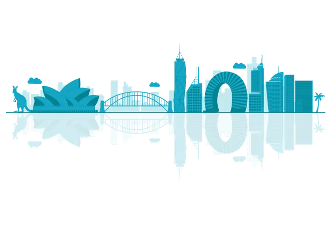 Australia Skyline silhouette with reflections  Illustration