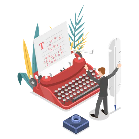 Author writing story using an old style typewriter Illustration