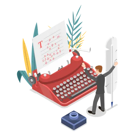Author writing story using an old style typewriter  Illustration