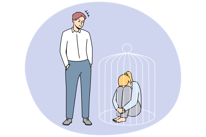 Authoritarian man lock woman in cage  Illustration