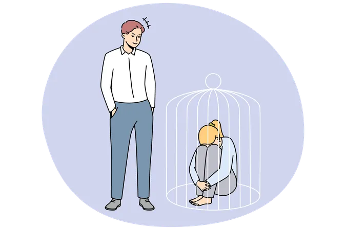 Authoritarian man lock woman in cage  Illustration