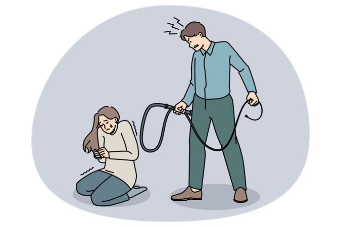 Authoritarian man punish scared unhappy wife crying suffering from domestic abuse  Illustration