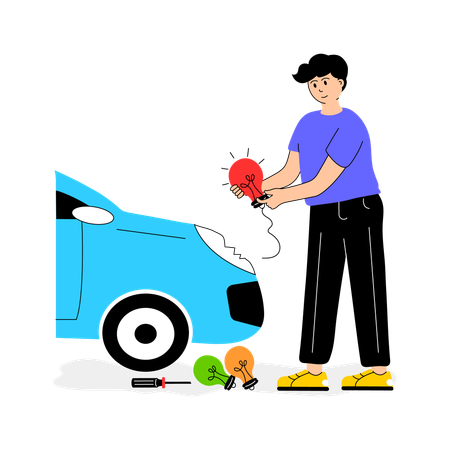 Auto mechanic repairing car headlight  Illustration