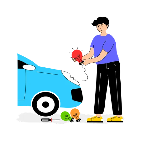 Auto mechanic repairing car headlight  Illustration