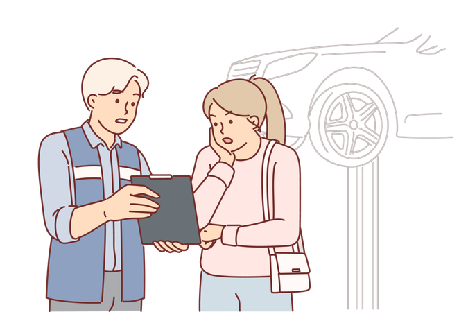Auto mechanic showing repair cost to shocked woman client while standing in garage with car  Illustration
