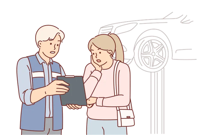 Auto mechanic showing repair cost to shocked woman client while standing in garage with car  일러스트레이션