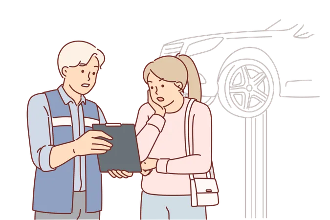 Auto mechanic showing repair cost to shocked woman client while standing in garage with car  Illustration