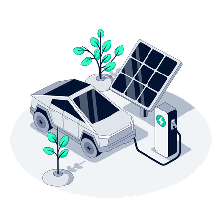 Solarbetriebenes Auto und solarbetriebener Elektro-Pickup im Einsatz  Illustration