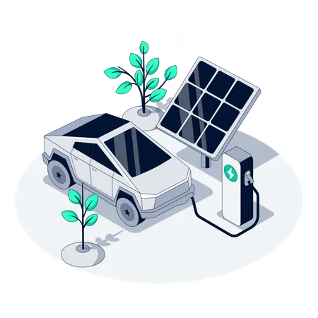 Solarbetriebenes Auto und solarbetriebener Elektro-Pickup im Einsatz  Illustration
