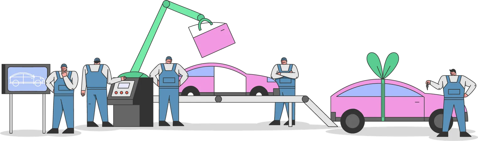 Automobilproduktionseinheit und Arbeiter  Illustration