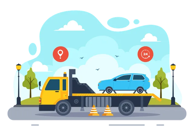 Auto Towing Car Vector Illustration Using A Truck With Roadside Assistance Service For Various Vehicles In Flat Cartoon Background Design Illustration