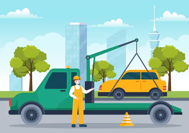 Auto Towing Car Using Truck with Roadside Assistance Service Illustration