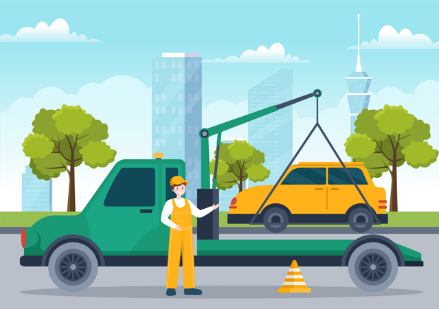 Auto Towing Car Using Truck with Roadside Assistance Service  Illustration