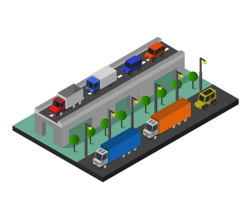 Autobahn und über Brücke  Illustration