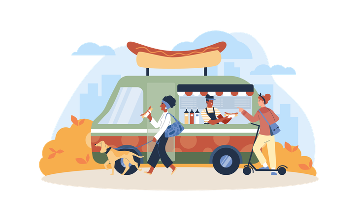 Autobús con mercado callejero de perritos calientes  Illustration