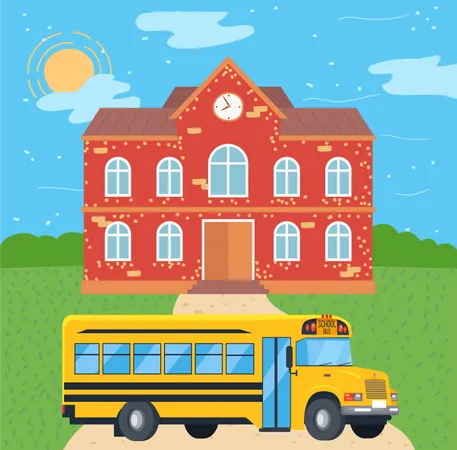 Autobús escolar parado cerca del edificio escolar de ladrillo rojo  Ilustración