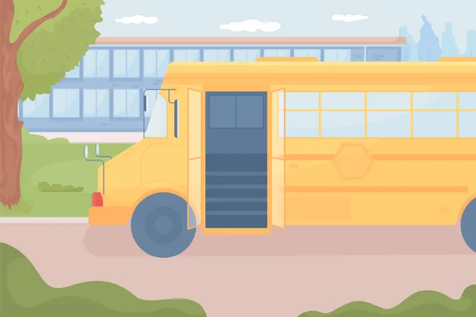 Autobus scolaire attendant près de l’école  Illustration