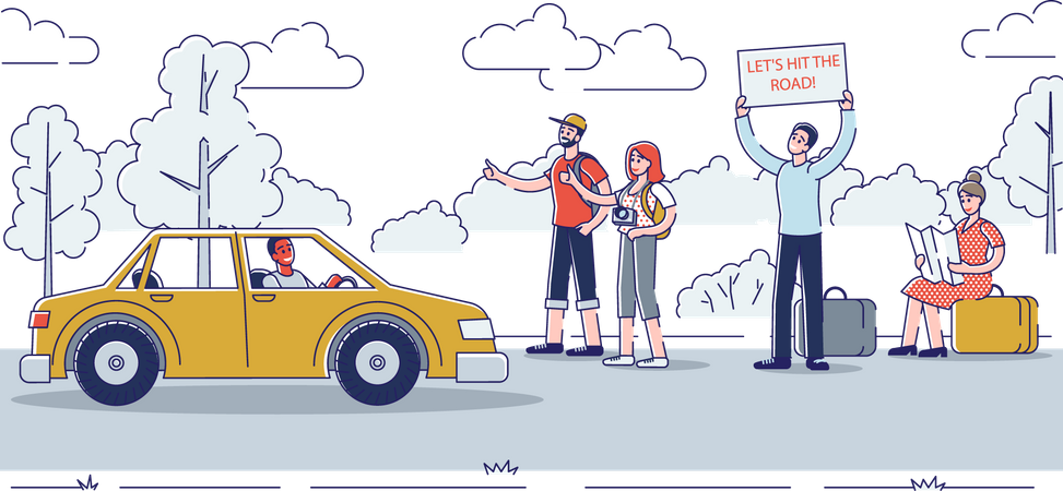 Autoestopistas en la carretera hojeando y caminando pasando coches  Ilustración