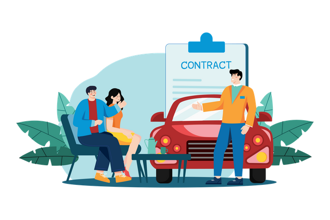 Autohändler erklärt einem Paar, das ein Auto kauft, den Kaufvertrag  Illustration