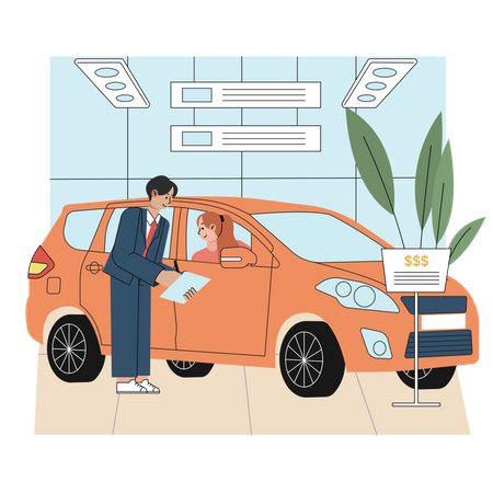 Autohändler zeigt dem Kunden die Besonderheiten seines Autos  Illustration
