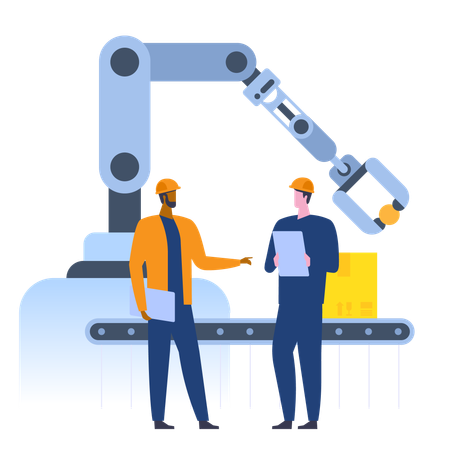 Linha de produção de automação com tecnologias robóticas  Ilustração