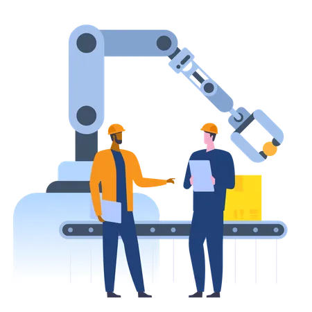 Linha de produção de automação com tecnologias robóticas  Ilustração