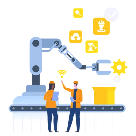 Automated assembly line with packing robotic manipulator  Illustration