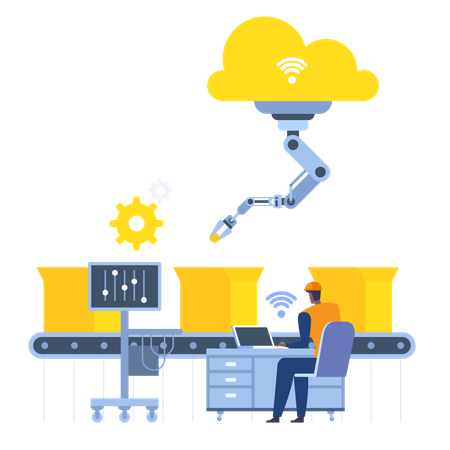 Automated assembly line with worker and robot arm  Illustration