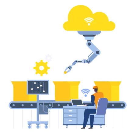 Automated assembly line with worker and robot arm  Illustration