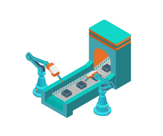 Isometric Style Illustration Of A Conveyor Machine Working With A Robot Illustration