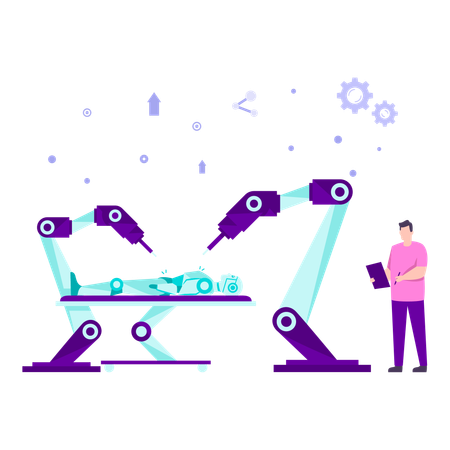 Automated researchers using robotic arm to examine robot on stretcher  Illustration