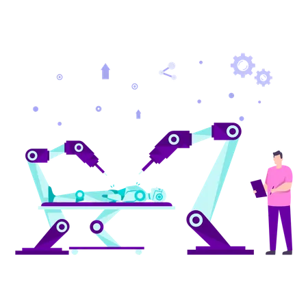 Automated researchers using robotic arm to examine robot on stretcher  Illustration