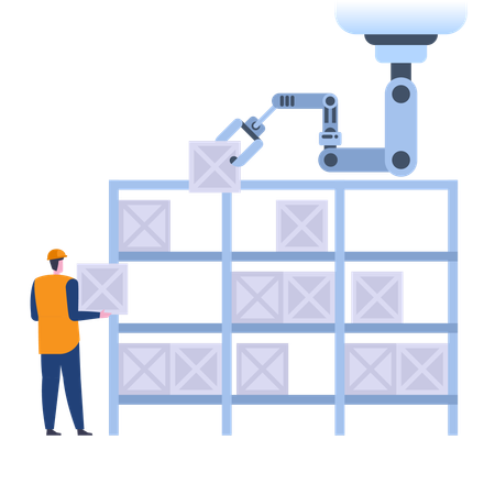 Automated warehouse with worker and robot arm  Illustration