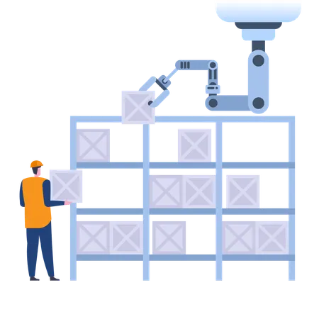 Automated warehouse with worker and robot arm  Illustration